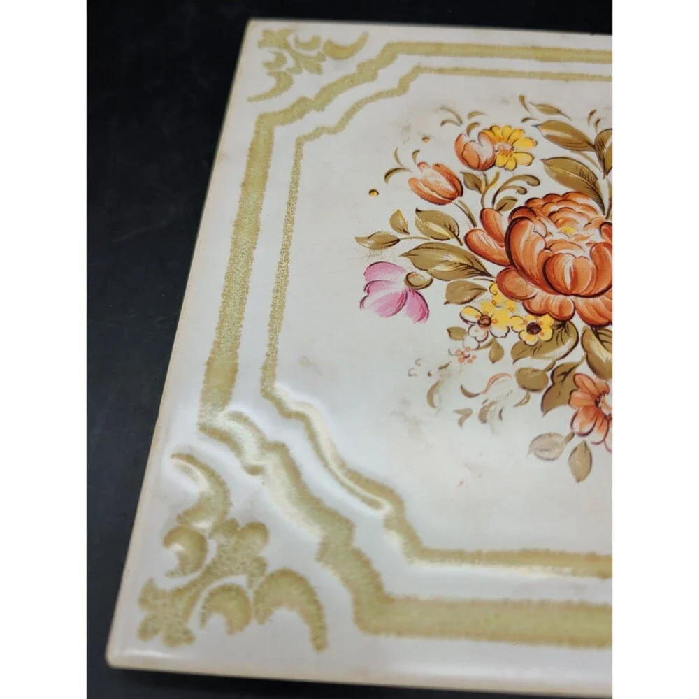 Vintage Victorian Style Floral Ceramic Tile Trivet Embossed Gold Border Hot Pad